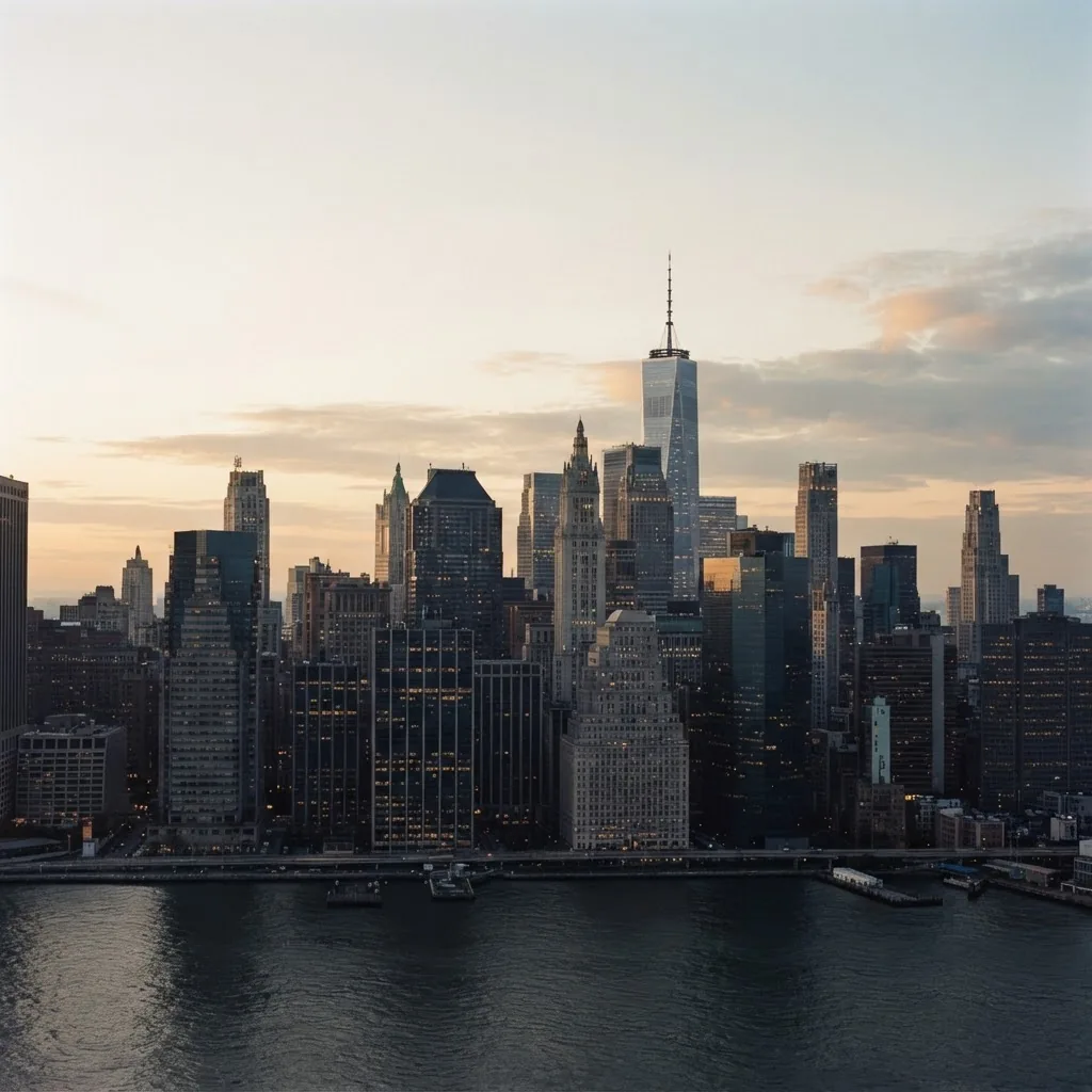The New York City skyline in soft morning light